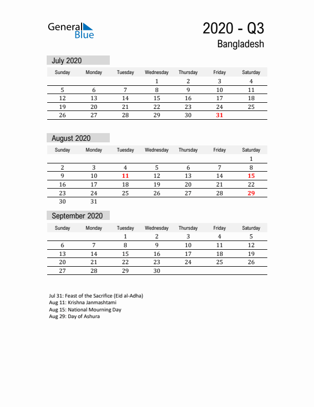 Bangladesh Quarter 3 2020 Calendar with Holidays