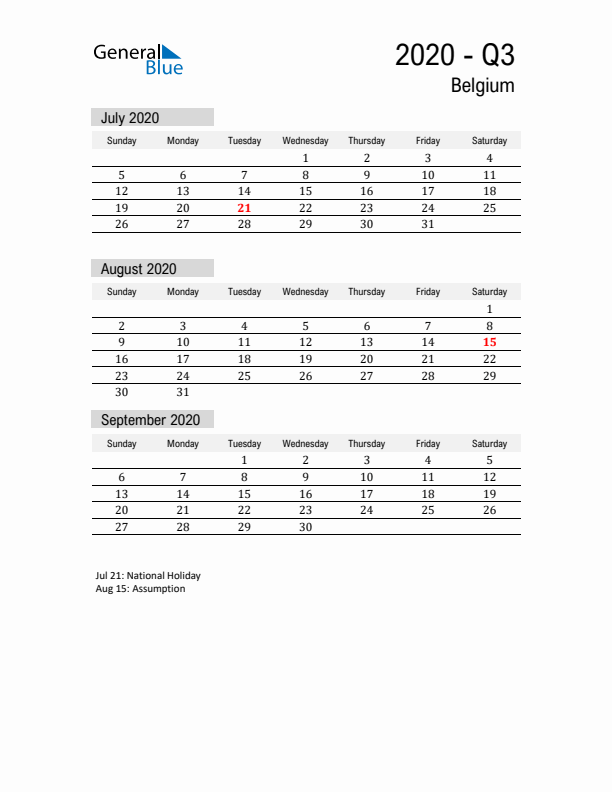 Belgium Quarter 3 2020 Calendar with Holidays