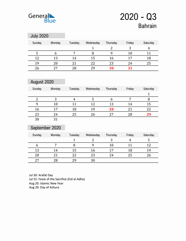 Bahrain Quarter 3 2020 Calendar with Holidays