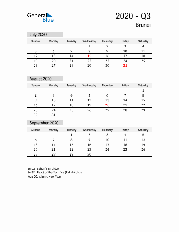 Brunei Quarter 3 2020 Calendar with Holidays