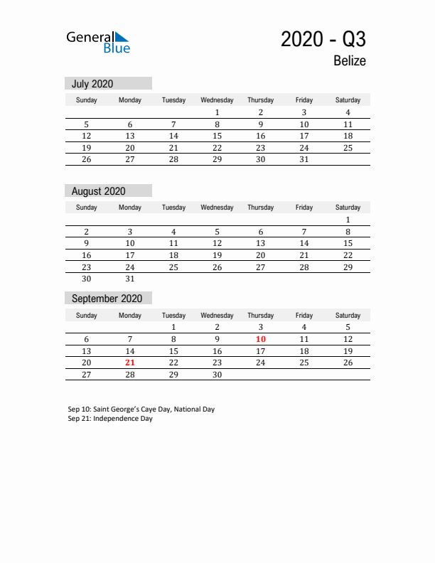 Belize Quarter 3 2020 Calendar with Holidays