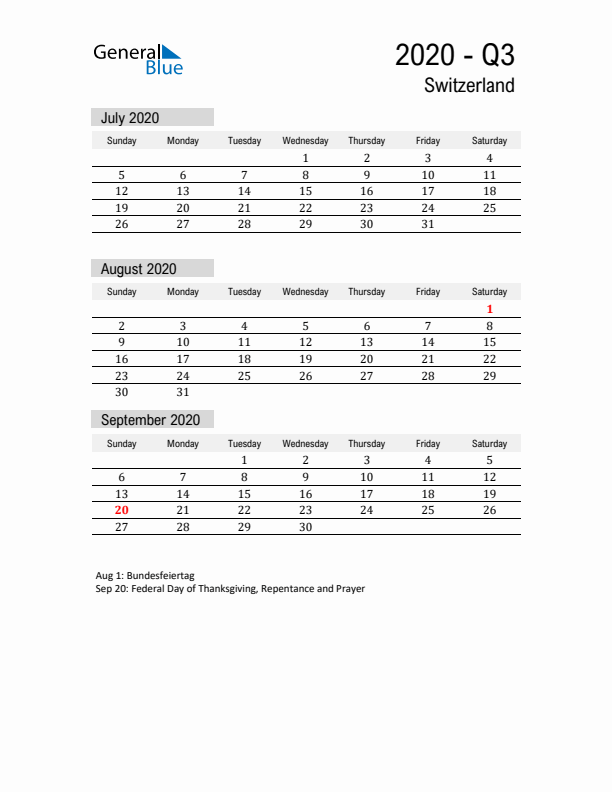 Switzerland Quarter 3 2020 Calendar with Holidays