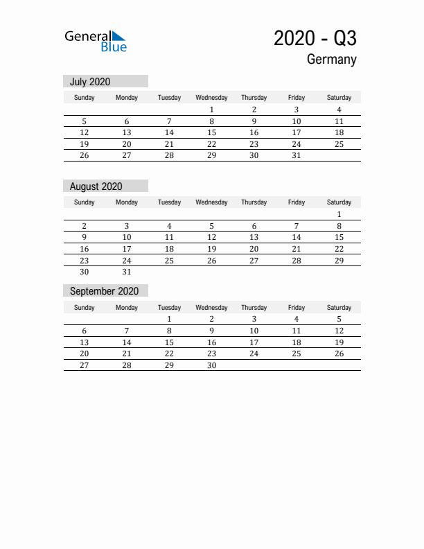 Germany Quarter 3 2020 Calendar with Holidays