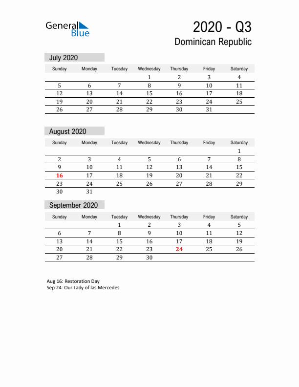 Dominican Republic Quarter 3 2020 Calendar with Holidays