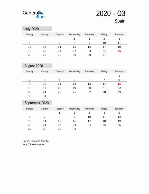 Spain Quarter 3 2020 Calendar with Holidays