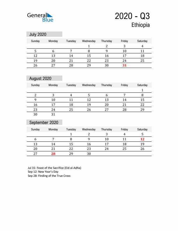 Ethiopia Quarter 3 2020 Calendar with Holidays