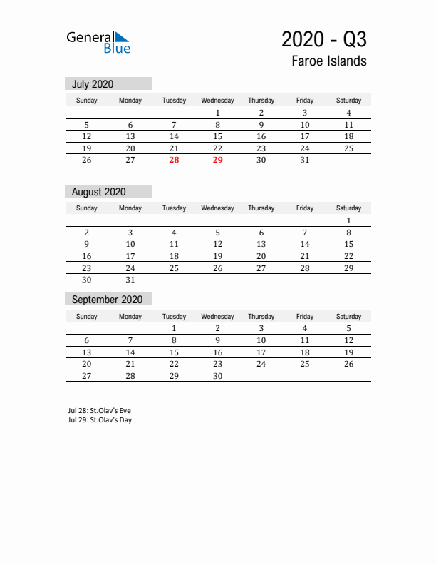 Faroe Islands Quarter 3 2020 Calendar with Holidays