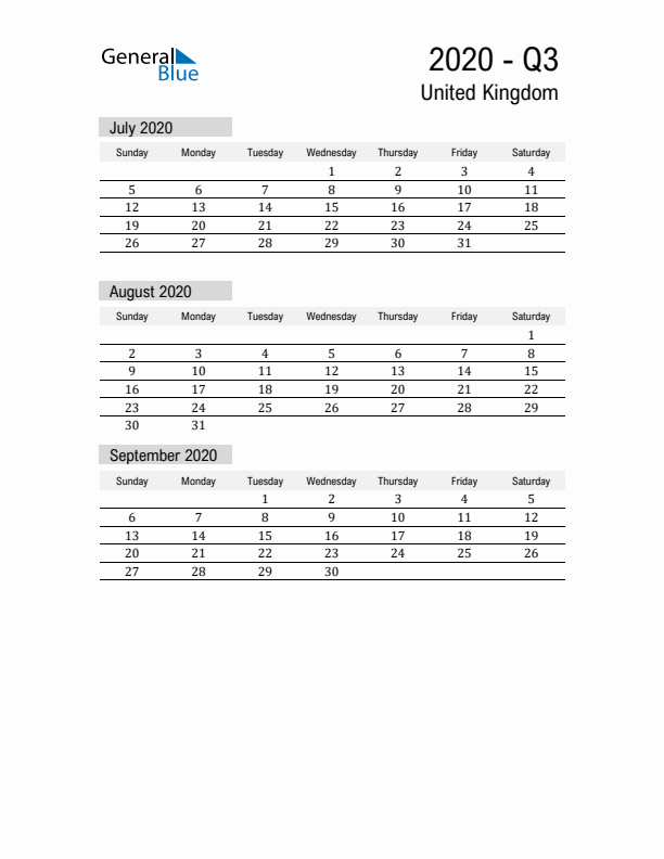 United Kingdom Quarter 3 2020 Calendar with Holidays