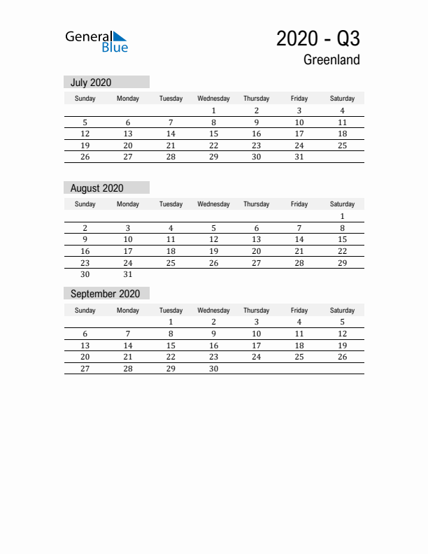 Greenland Quarter 3 2020 Calendar with Holidays