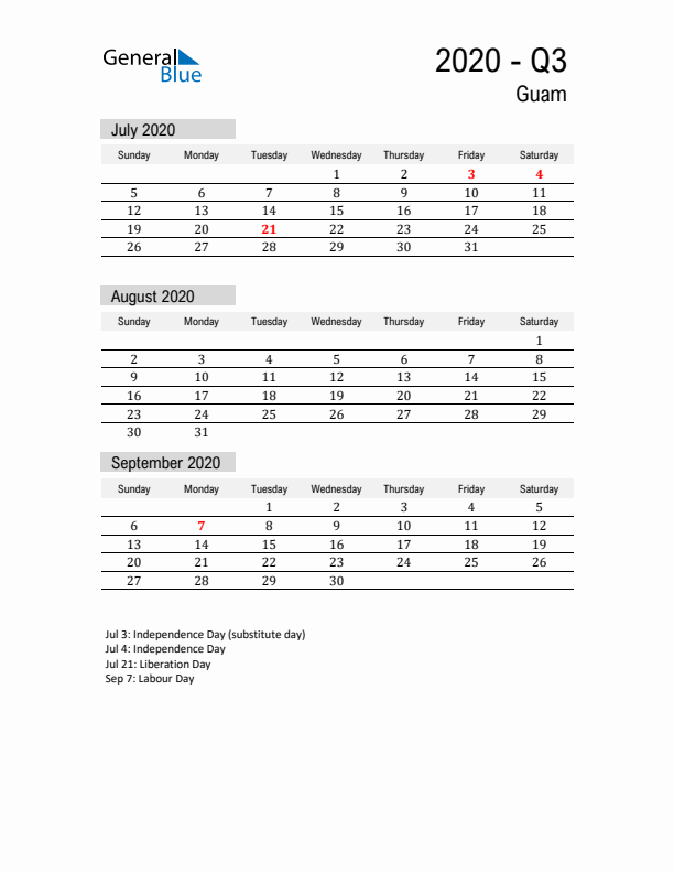 Guam Quarter 3 2020 Calendar with Holidays