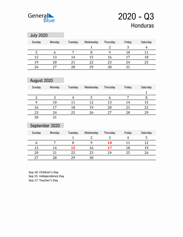 Honduras Quarter 3 2020 Calendar with Holidays