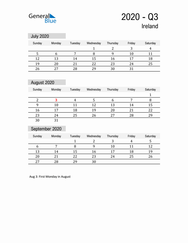 Ireland Quarter 3 2020 Calendar with Holidays