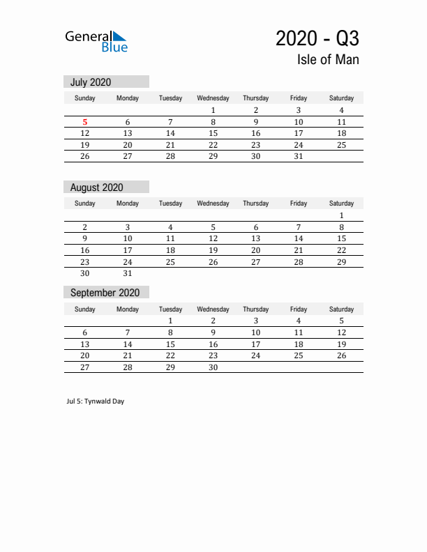 Isle of Man Quarter 3 2020 Calendar with Holidays