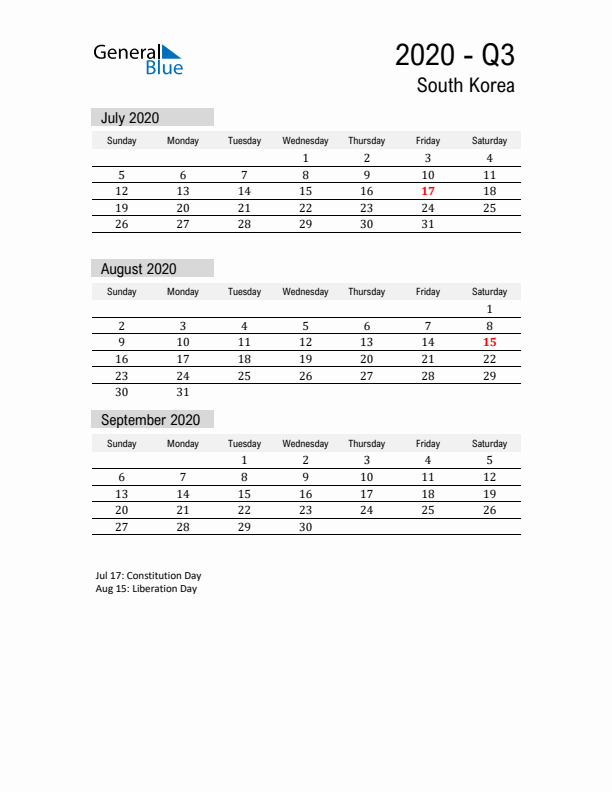 South Korea Quarter 3 2020 Calendar with Holidays