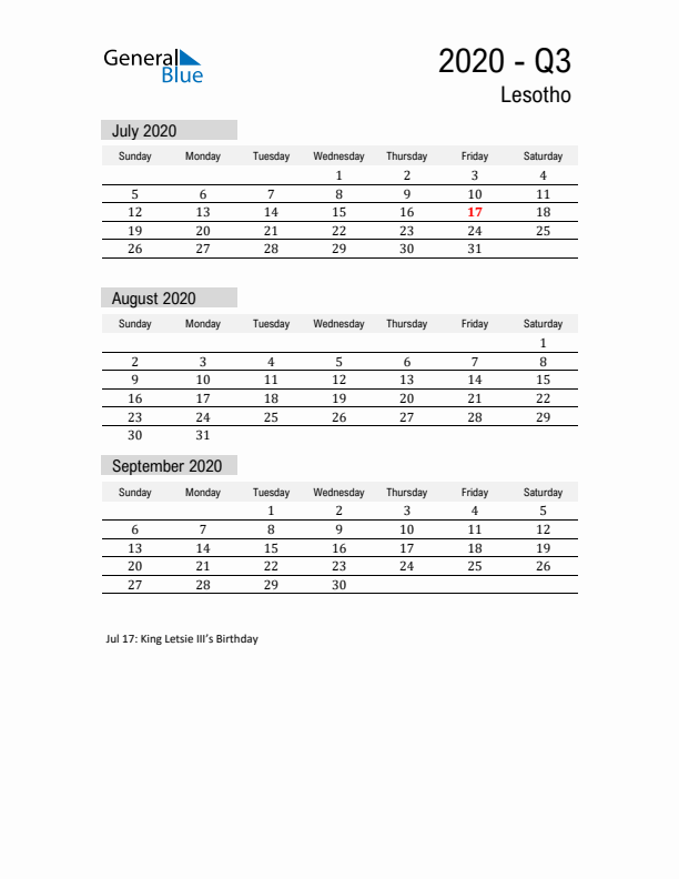 Lesotho Quarter 3 2020 Calendar with Holidays