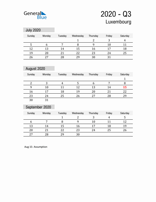 Luxembourg Quarter 3 2020 Calendar with Holidays