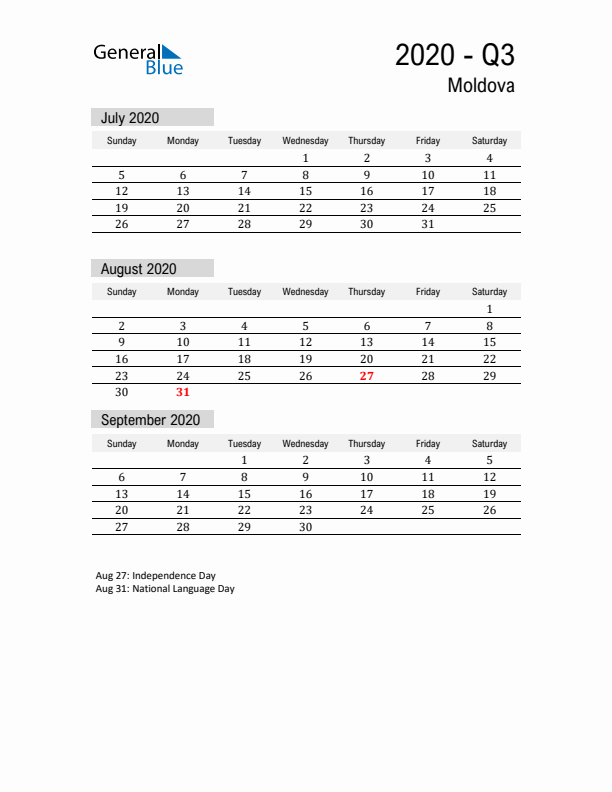 Moldova Quarter 3 2020 Calendar with Holidays