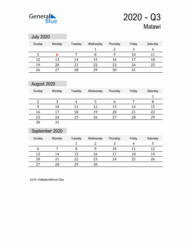 Malawi Quarter 3 2020 Calendar with Holidays