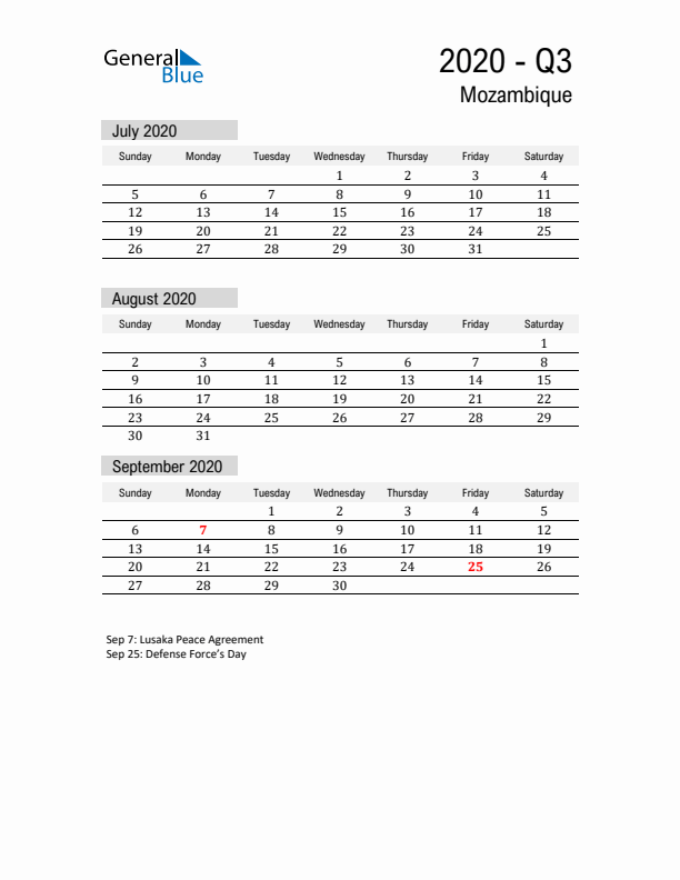 Mozambique Quarter 3 2020 Calendar with Holidays