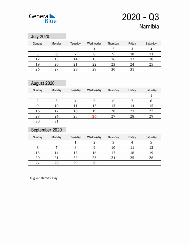 Namibia Quarter 3 2020 Calendar with Holidays