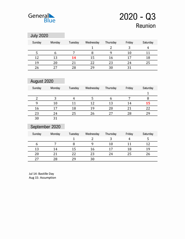 Reunion Quarter 3 2020 Calendar with Holidays