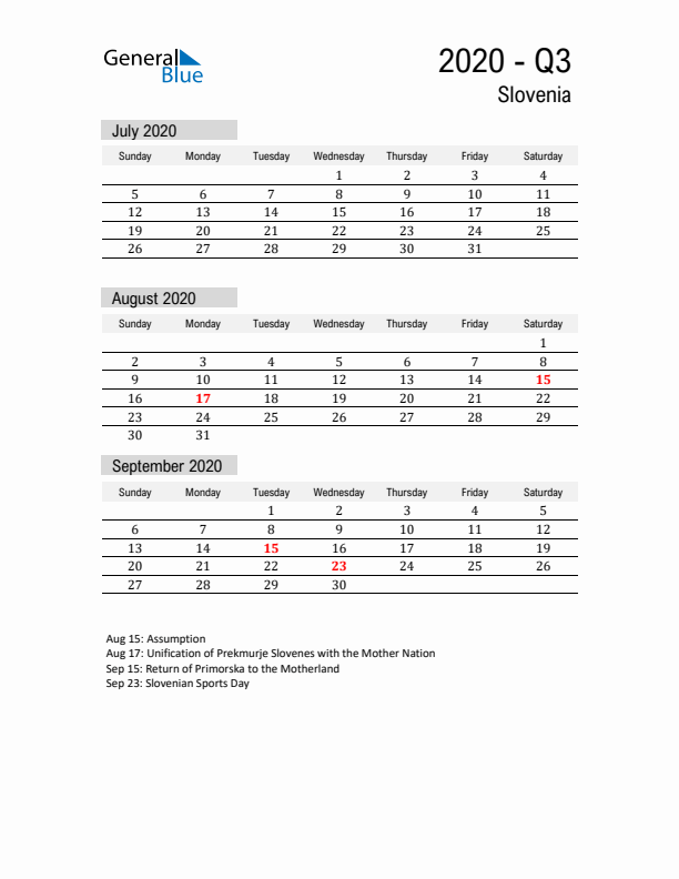 Slovenia Quarter 3 2020 Calendar with Holidays