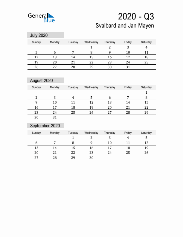 Svalbard and Jan Mayen Quarter 3 2020 Calendar with Holidays