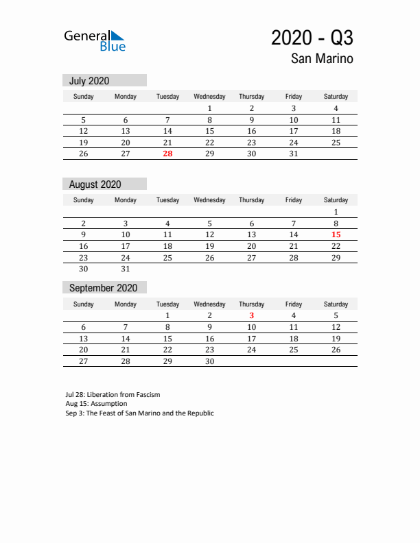 San Marino Quarter 3 2020 Calendar with Holidays