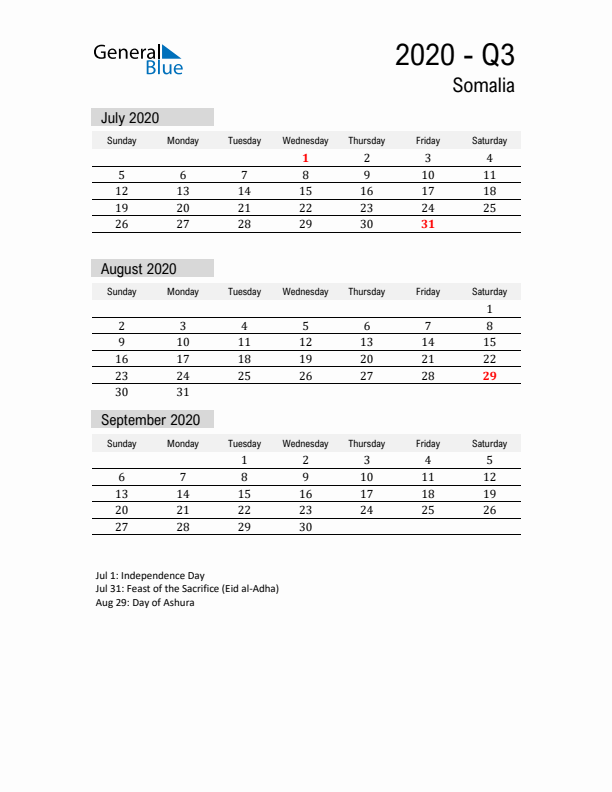 Somalia Quarter 3 2020 Calendar with Holidays