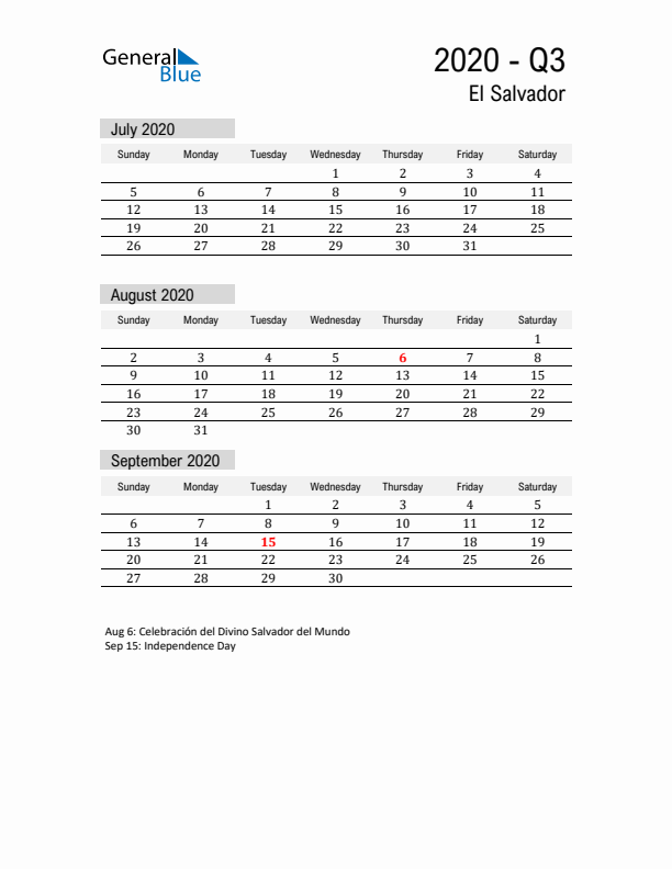 El Salvador Quarter 3 2020 Calendar with Holidays