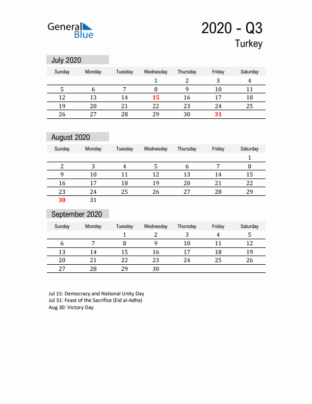 Turkey Quarter 3 2020 Calendar with Holidays