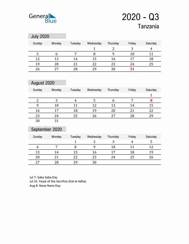 Tanzania Quarter 3 2020 Calendar with Holidays