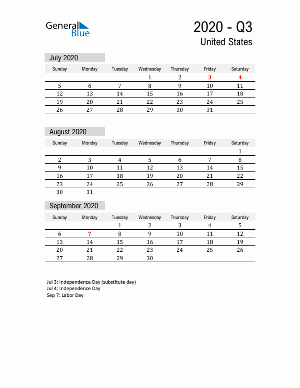 United States Quarter 3 2020 Calendar with Holidays