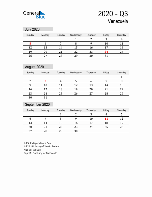 Venezuela Quarter 3 2020 Calendar with Holidays