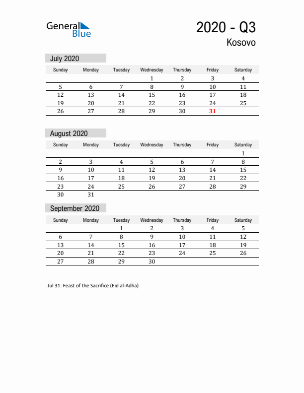 Kosovo Quarter 3 2020 Calendar with Holidays