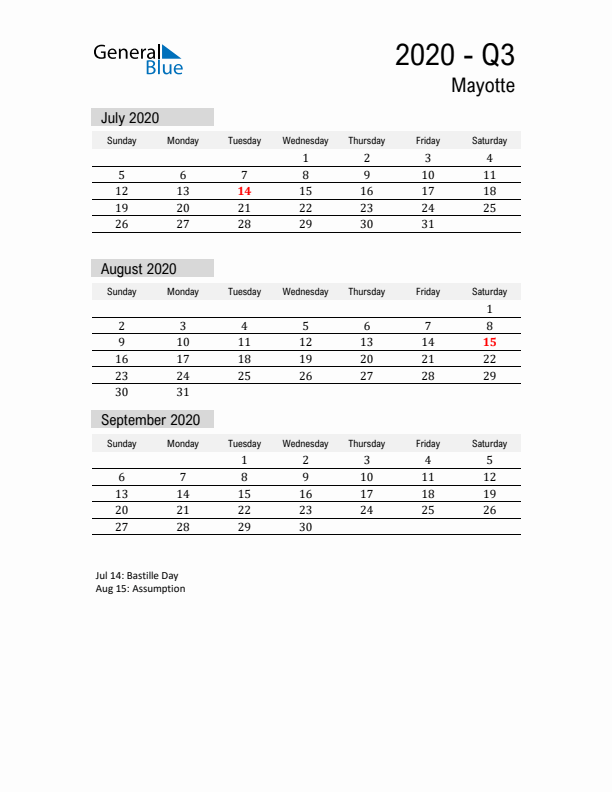 Mayotte Quarter 3 2020 Calendar with Holidays