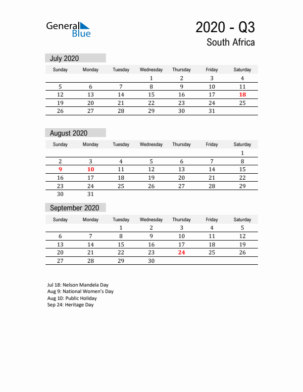 South Africa Quarter 3 2020 Calendar with Holidays