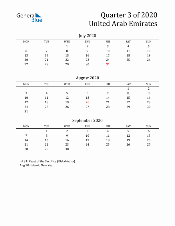 Quarter 3 2020 United Arab Emirates Quarterly Calendar