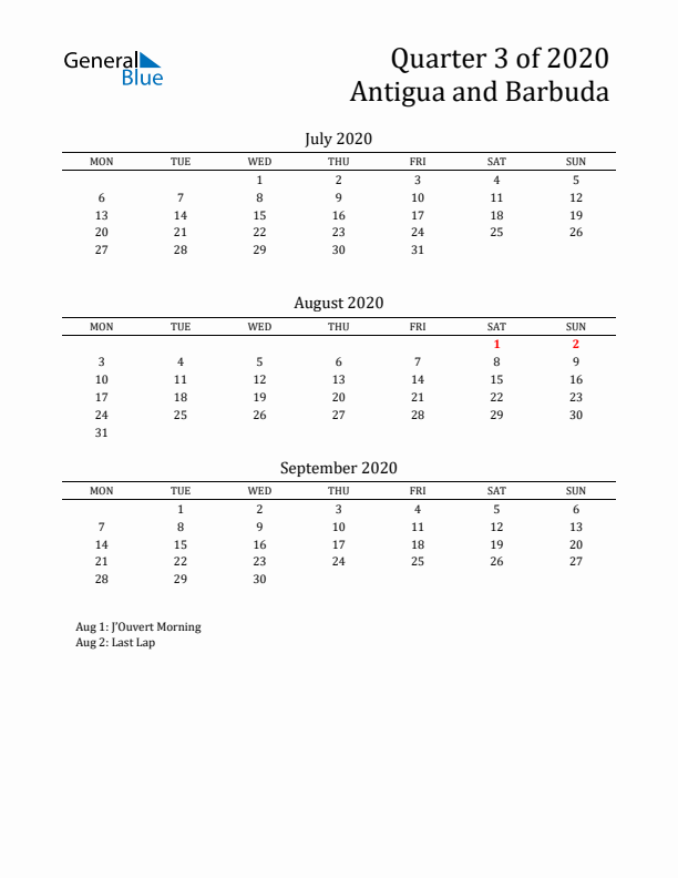 Quarter 3 2020 Antigua and Barbuda Quarterly Calendar