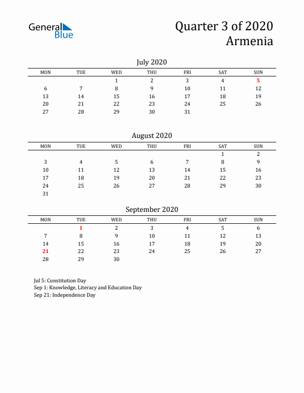 Quarter 3 2020 Armenia Quarterly Calendar