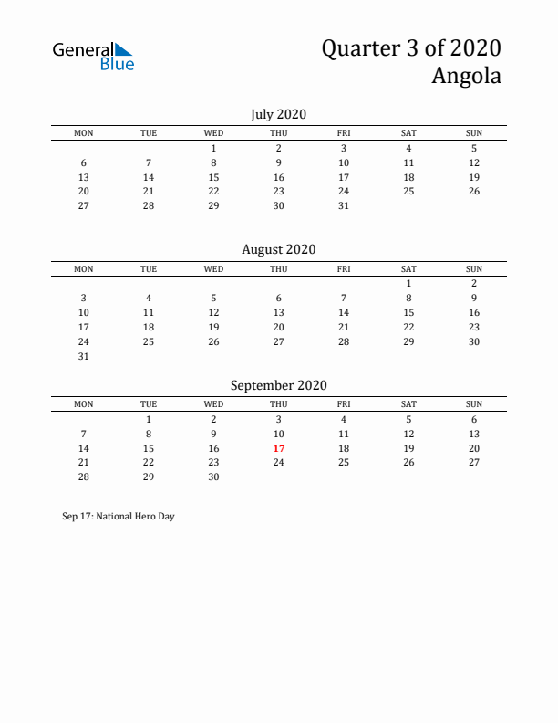 Quarter 3 2020 Angola Quarterly Calendar