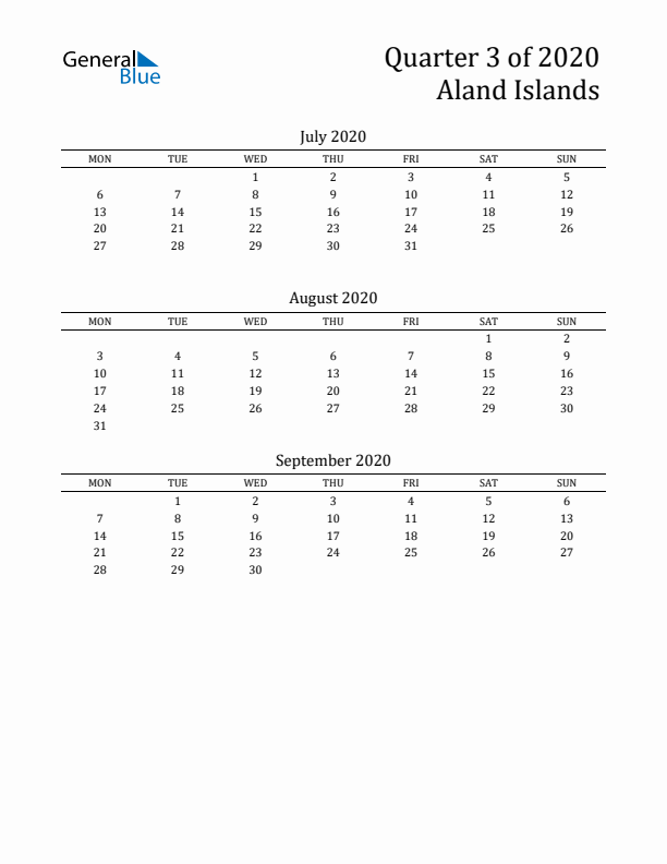 Quarter 3 2020 Aland Islands Quarterly Calendar