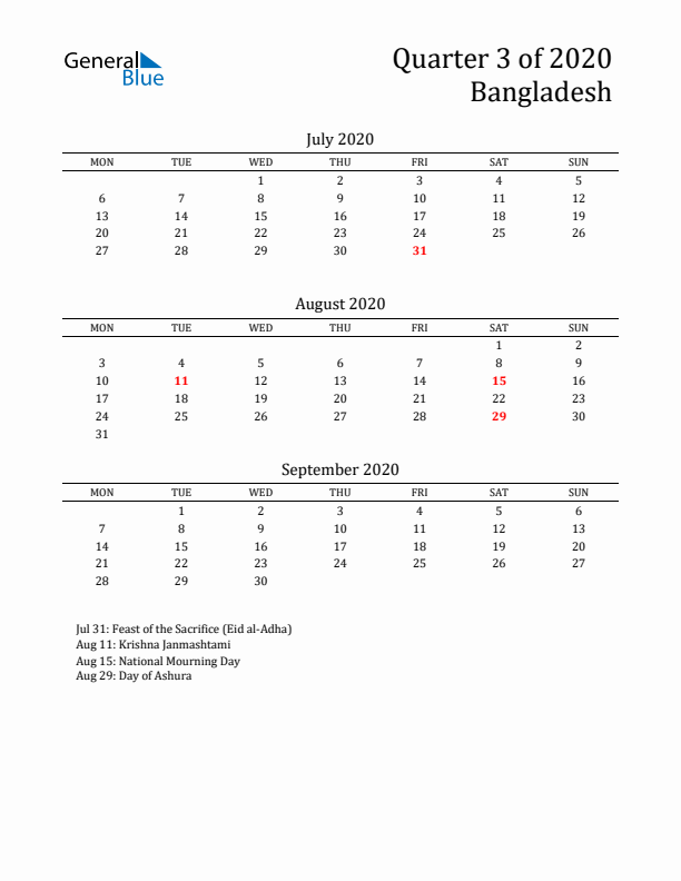 Quarter 3 2020 Bangladesh Quarterly Calendar