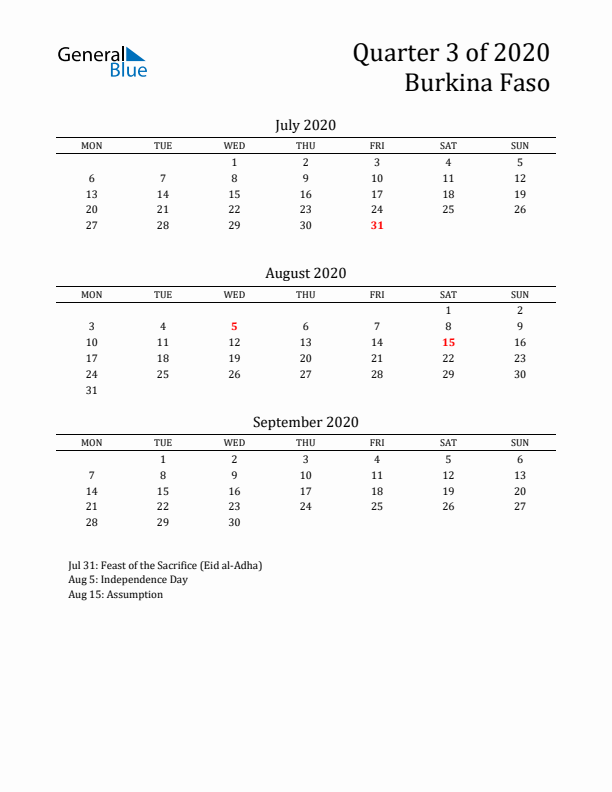 Quarter 3 2020 Burkina Faso Quarterly Calendar