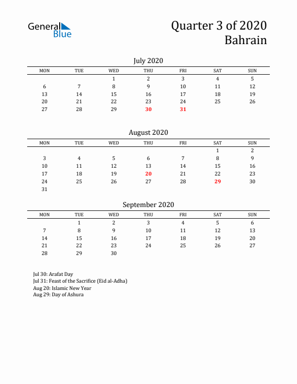 Quarter 3 2020 Bahrain Quarterly Calendar