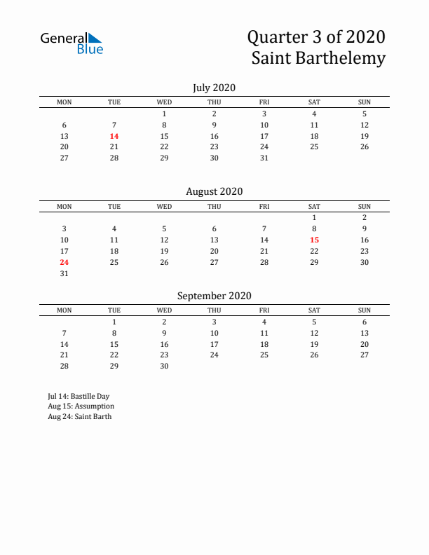 Quarter 3 2020 Saint Barthelemy Quarterly Calendar