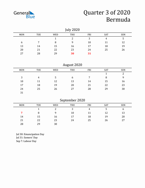 Quarter 3 2020 Bermuda Quarterly Calendar