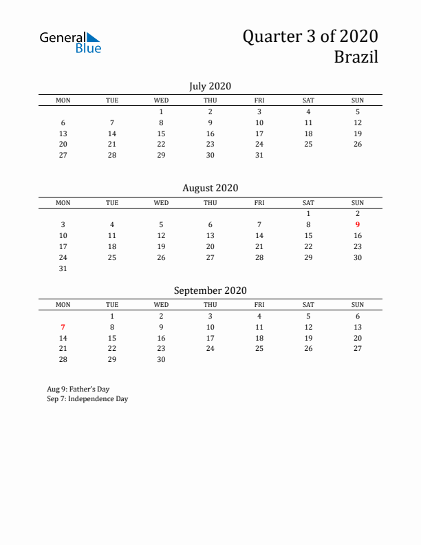 Quarter 3 2020 Brazil Quarterly Calendar