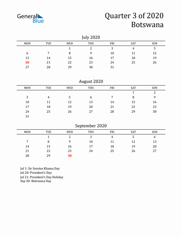 Quarter 3 2020 Botswana Quarterly Calendar