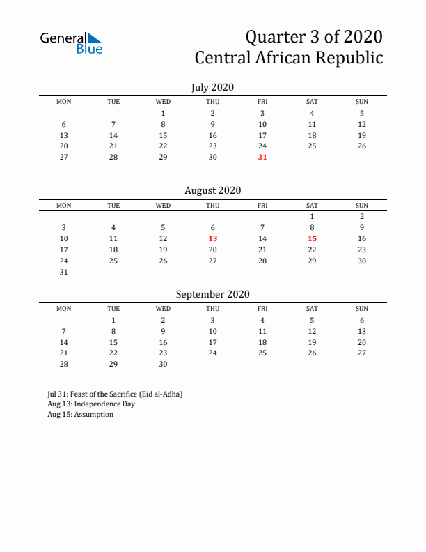 Quarter 3 2020 Central African Republic Quarterly Calendar